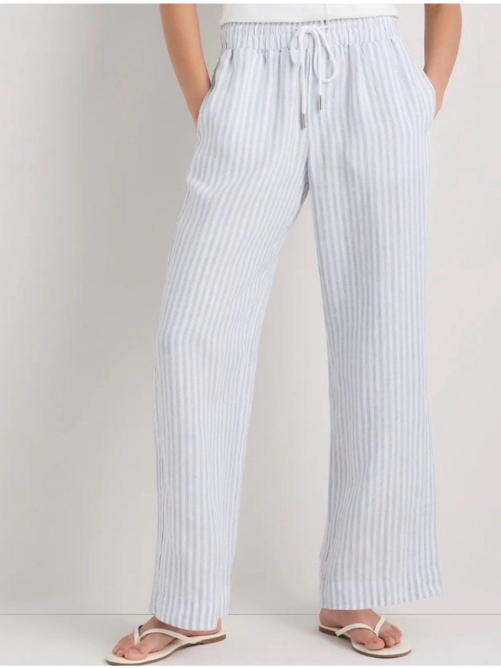 Quince Linen Striped Drawstring Pull On Wide-Leg Pants M SHORT Lagenlook Beach
